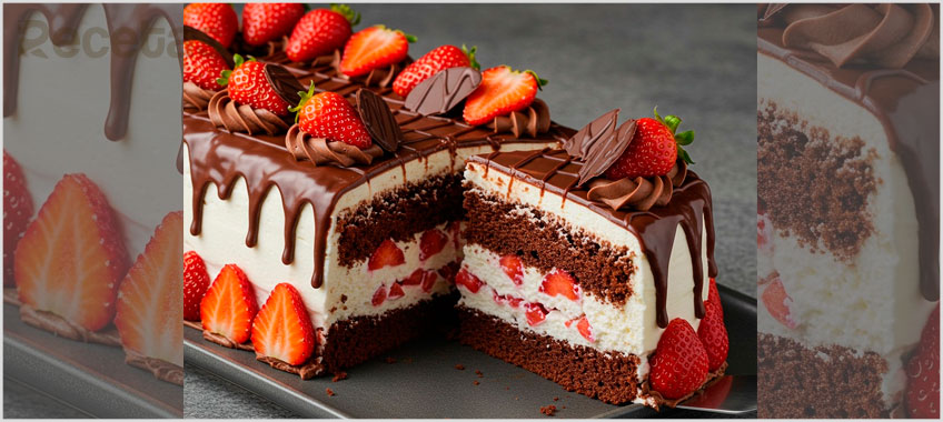 Torta húmeda de chocolate rellena de fresas y leche condensada